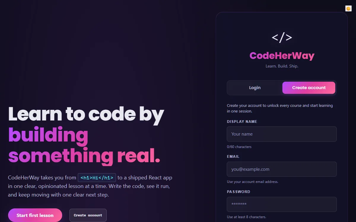 CodeHerWay Education Platform landing and account creation interface